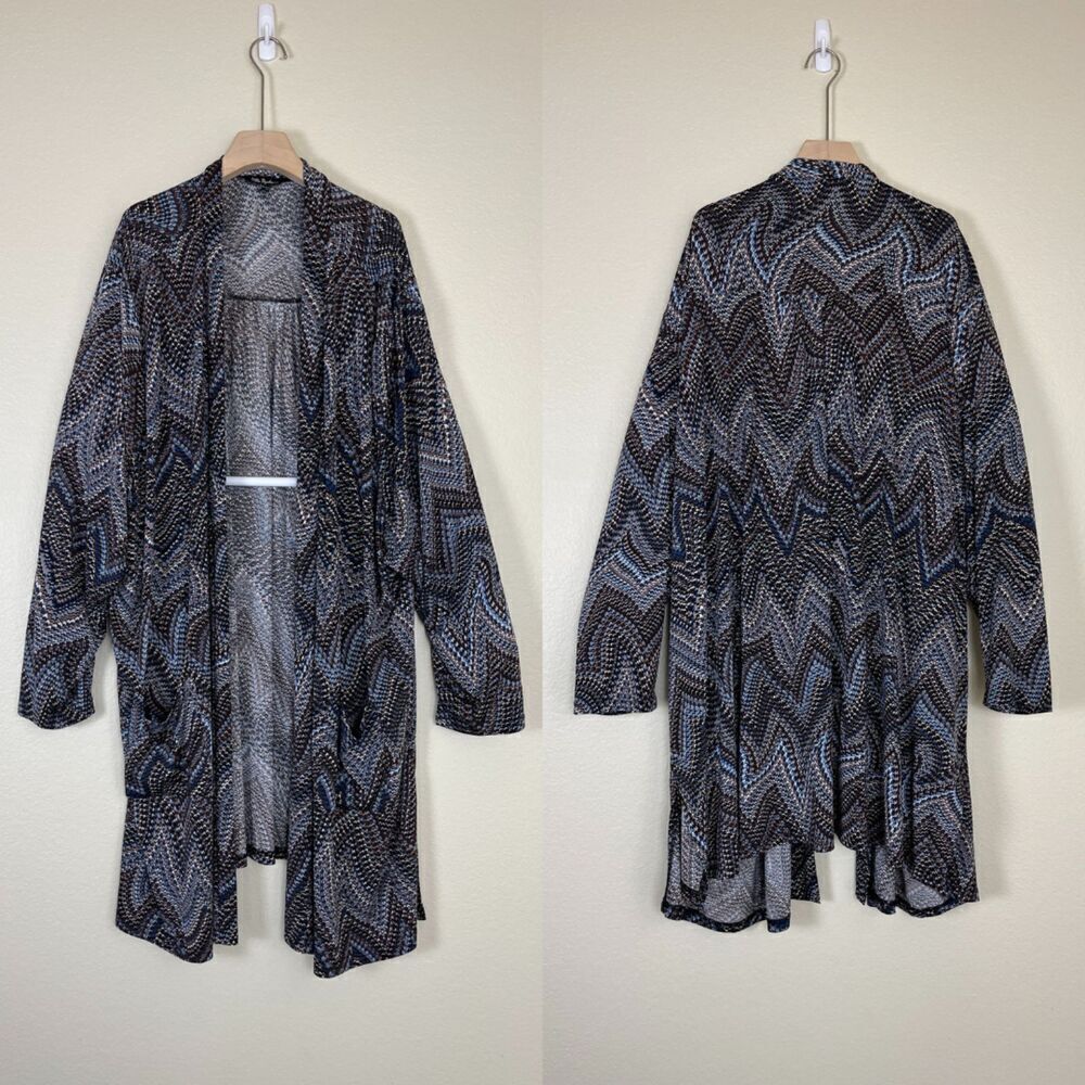 Ulla Popken Womens Size 36/38 ZigZag Open Front Kimono Cardigan Jersey Knit Boho